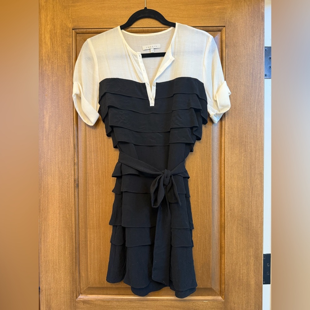 Sandro Cream and White Ruffled Mini Dress with Puff Sleeves